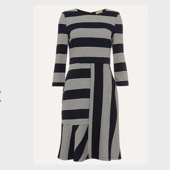 Phase Eight Storm Stripe Dress 3/4 Sleeves Crew Neck In Navy/Ivory Size UK8/ US4 - Picture 3 of 7